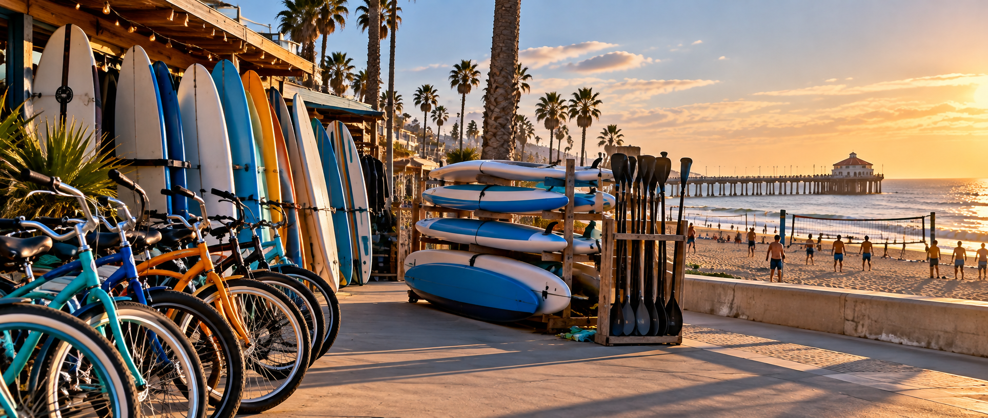 Beach cruisers, surfboards, paddleboards and paddles available beside a South Bay beach